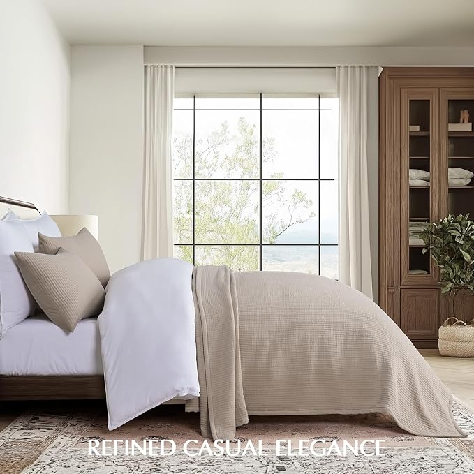 EVERGRACEHOME Cotton Gauze Full Queen Bedspread, Ultra Soft Prewashed Pick Stitch Matelassé Coverlet, Lightweight Textured Oversized Queen Quilt Bedding Set for All Season, with 2 Shams, Tan