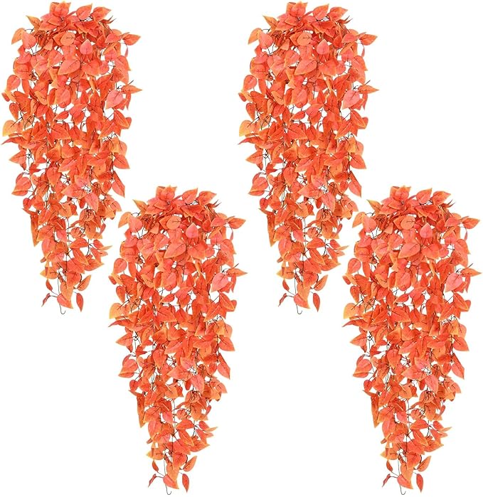 BLEUM CADE Fake Hanging Plants, 4pcs Artificial Hanging Plant, Faux Orange Vines Hanging Plant for Wall Home Living Room Indoor Outdoor Fall Decor (No Baskets)