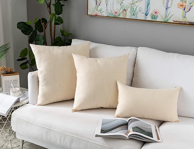 Stellhome Burlap Throw Pillow Covers Solid Farmhouse Linen Pillowcase for Bed Couch Sofa Bench, Set of 2, 18 x 18 inch (45 x 45 cm), Cream