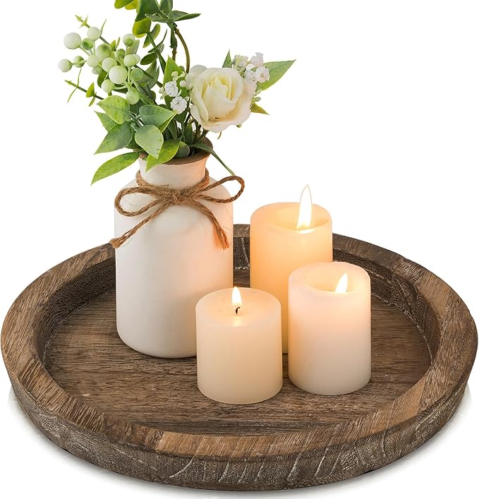 Hanobe Candle Plate Holder Tray: Round Wood Decorative Candle Plate - Rustic Farmhouse CoffeeTable Decor - Tealight Pillar Trays for Home Decor (Distressed)