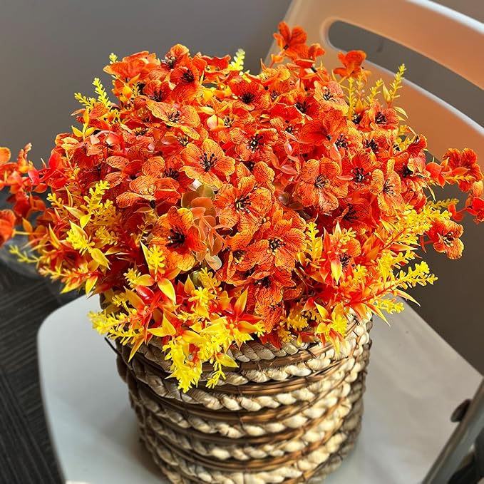 Artificial Faux Fall Mums Flowers Outdoor Decoration,16 Bundles Fake Silk Colorful Daisy Eucalyptus Realistic UV Resistant Plants for Outside Home Planter Porch Patio Yard Decor