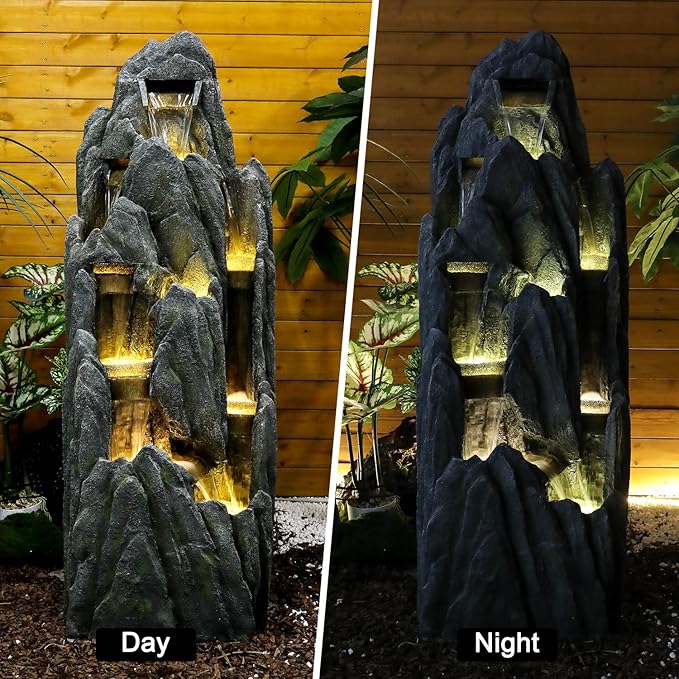SunJet Outdoor Rockery Water Fountain with LED Lights - 51" Tall Resin Cascading Fountains and Waterfalls Feature for Patio, Yard, Garden Decor, Featuring Realistic Natural Stone Look