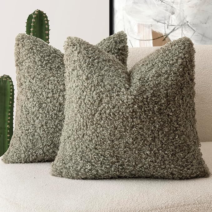 Foindtower 2 Pieces 24x24 Inch Sage Green, Faux Fur Throw Pillow Cover Accent Sherpa Pillow Fuzzy Soft Pillowcases Sheepskin Decorative Fleece Cushion Case for Bed Couch Living Room