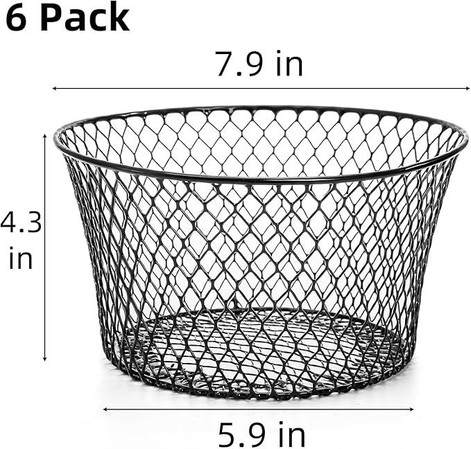 6 Pack Metal Wire Baskets for Kitchen Storage, Modern Black Countertop Fruit Bowl, Round Produce Organizer, Multi-Purpose for Fruits, Snacks, Breads