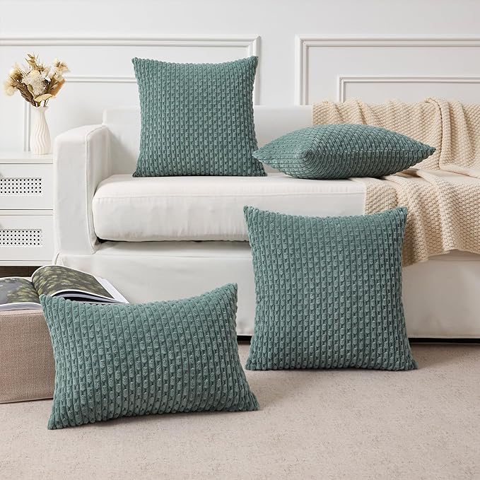 Kevin Textile Decorative Pillow Covers Set of 2 Striped Plush Corduroy Pillows Pillowcases Boho Home Decor Cushion Covers for Couch Sofa Bed Living Room 18x18 Inch, Teal Green