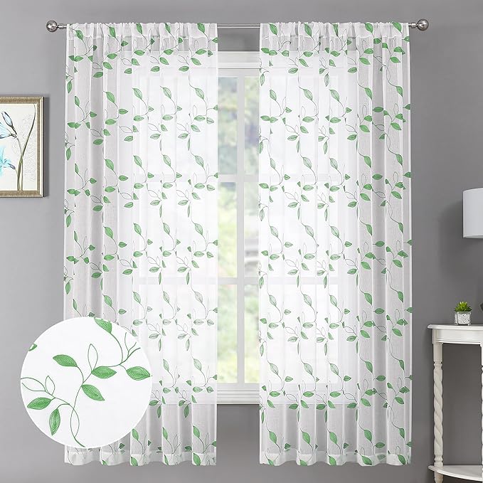 Tollpiz Green Leaf Sheer Curtain Leaves Embroidered Living Room Short Curtains Rod Pocket Voile Window Treatment for Bedroom, 54 x 54 inches Long, Set of 2 Panels