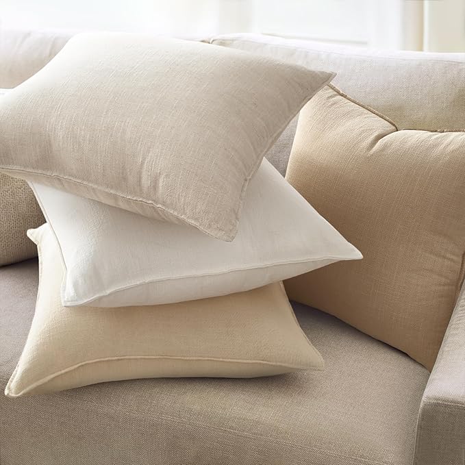 Linen and Cotton Decorative Pack of 4 Throw Pillow Covers Soft Accent Farmhouse Neutral Cushion Case 20 x 20 Inch Pillowcase with Flange for Chair Couch Sofa Bedroom Living Room Home Decor
