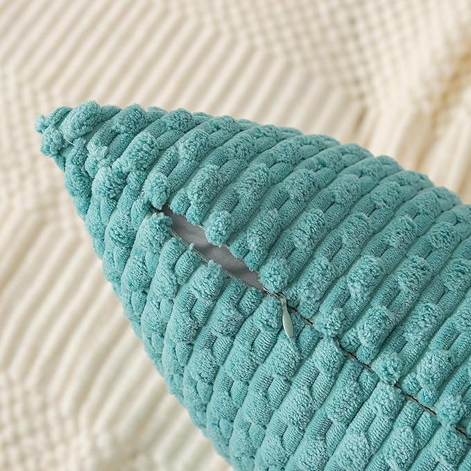 Kevin Textile Throw Pillow Covers Soft Corduroy Decorative Set of 2 Boho Striped Pillow Covers Pillowcases Farmhouse Home Decor for Couch Bed Sofa Living Room 16x16 Inch Aqua Green