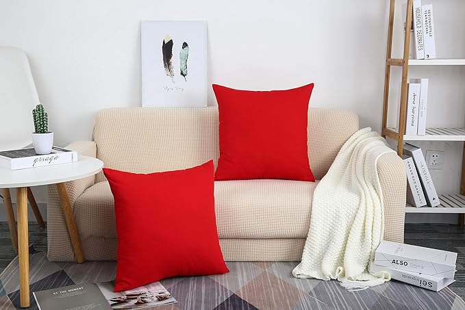 TangDepot Handmade Decorative Solid 100% Cotton Canvas Throw Pillow Covers/Pillow Shams, (24"x24", Red)