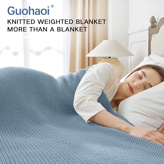 Guohaoi Knitted Weighted Blanket for Adults (Haze Blue 48"x72" 12lbs) No Beads Cooling Throw Blanket for Hot Sleepers, Home Decor Breathable Chunky Knit Heavy Blanket Use on Full Size Bed