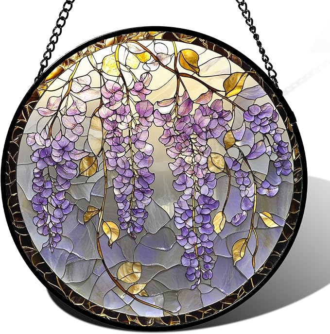 Stained Glass Window Hanging - Wisteria Flower Golden Leaves Sun Catcher for Door Home Decor Plant Suncatcher Christmas Mother's Day Birthday Gifts for Women Men Lovers Mom Nana 15 in