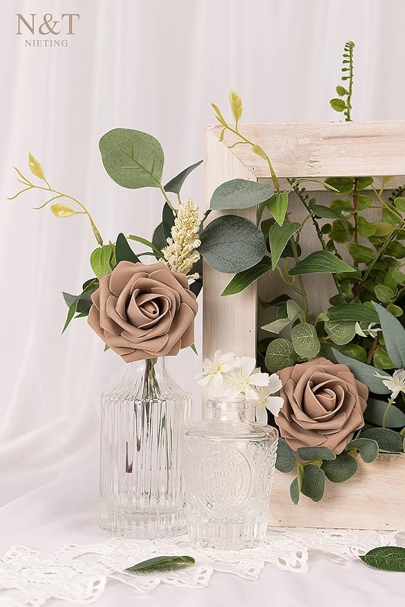 N&T NIETING Brown Roses Artificial Flowers, 25pcs Fake Flowers Bulk Perfect for DIY Fall Wedding Bridesmaid Bridal Bouquets Centerpieces Party Home Flower Arrangement Decoration Light Brown