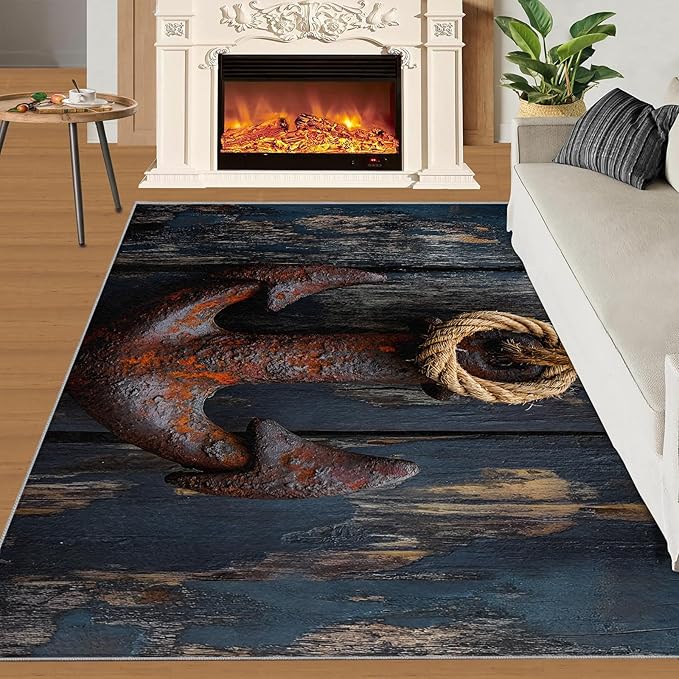 Nautical Anchor 5x8 Area Rugs,Distressed Wood Bedroom Rug Nautical Style Non-Slip Washable Rug for Living Room Nursery Kitchen Low-Pile Carpet