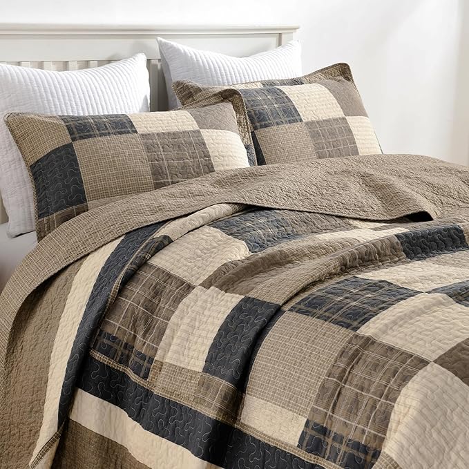 Finlonte 120"x120" Oversized King Bedspread - 100% Cotton Lightweight Quilted Bedspreads Coverlet Set, Farmhouse Plaid Bedding Reversible Oversized King Quilt with 2 Pillow Shams, Brown/Beige/Cream
