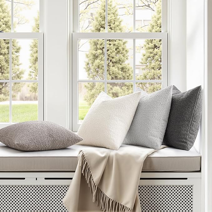 MIULEE Pack of 4 Decorative Textured Boucle Throw Pillow Covers 18x18 Inch Neutral Grey Accent Solid Pillow Cases Couch Cushion Covers for Modern Farmhouse Boho Chair Sofa Bed Livingroom Home Decor