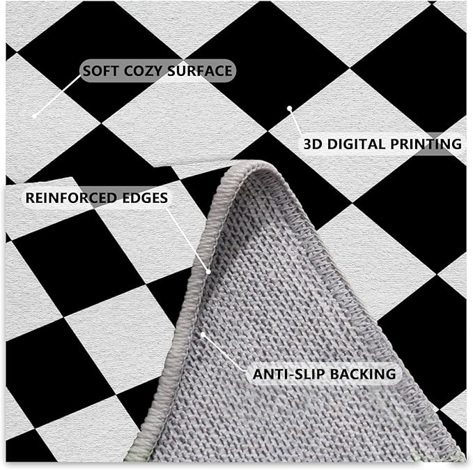 Checkered Rug, Black White Rug, Washable Rugs 5x7, Geometric Rhombus Plaid Area Rugs, Grid Gingham Carpet for Living Room Non Slip Home Decor