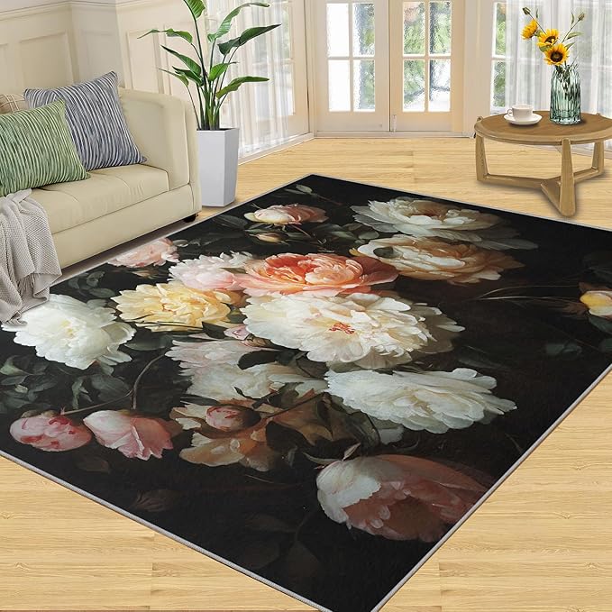 Flowers 2x3 Area Rugs for Living Room Peony Washable Rug Rustic Flowers Rug Non Slip Low Pile Soft Area Rugs for Bedroom Bedside Dining Room Kids