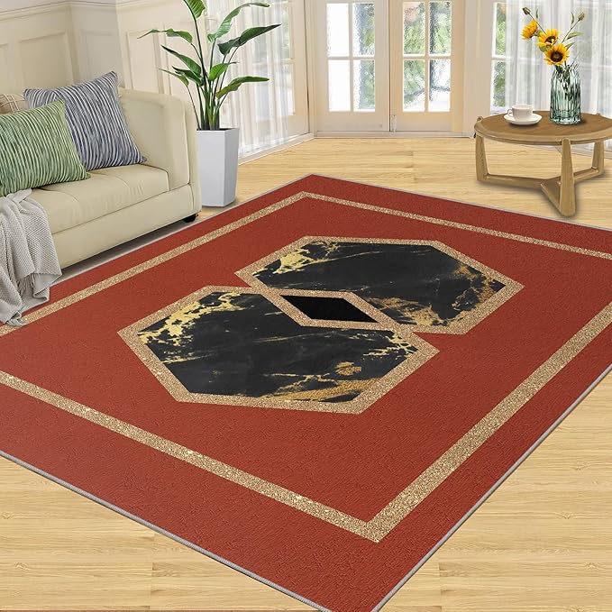 Abstract Marble Area Rugs Golden Hexagon Geometric Rug Vintage Red Marble Carpet European Medieval Geometry Carpet Mat for Bedroom Living Room 3x4ft
