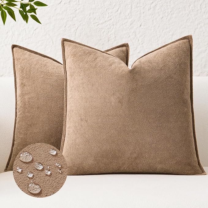 Kevin Textile Waterproof Decorative Pillow Covers Camel 26x26 Inch Pack of 2 Soft Boucle Textured Euro Pillowcases Elegant Accent Pillows for Couch Sofa Chair Bed Home Decor Indoor Outdoor