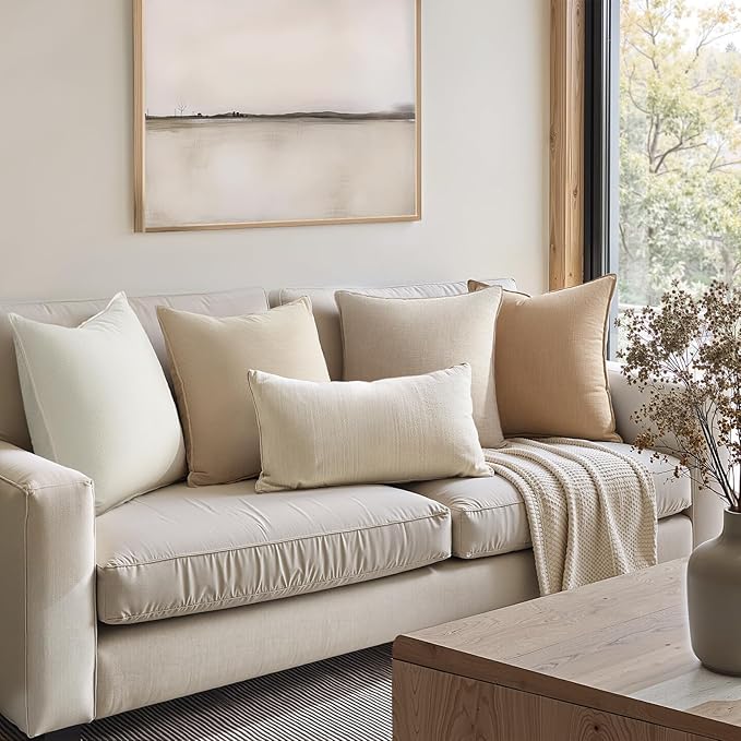 Linen and Cotton Decorative Pack of 4 Throw Pillow Covers Soft Accent Farmhouse Neutral Cushion Case 20 x 20 Inch Pillowcase with Flange for Chair Couch Sofa Bedroom Living Room Home Decor