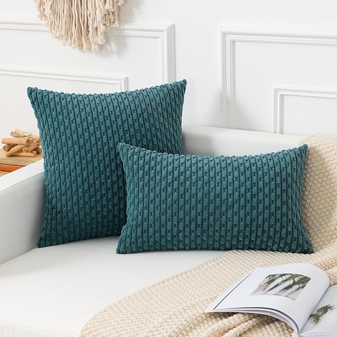 Kevin Textile Throw Pillow Covers Soft Corduroy Decorative Set of 2 Boho Striped Pillow Covers Pillowcases Farmhouse Home Decor for Couch Bed Sofa Living Room 16x16 Inch Teal Blue