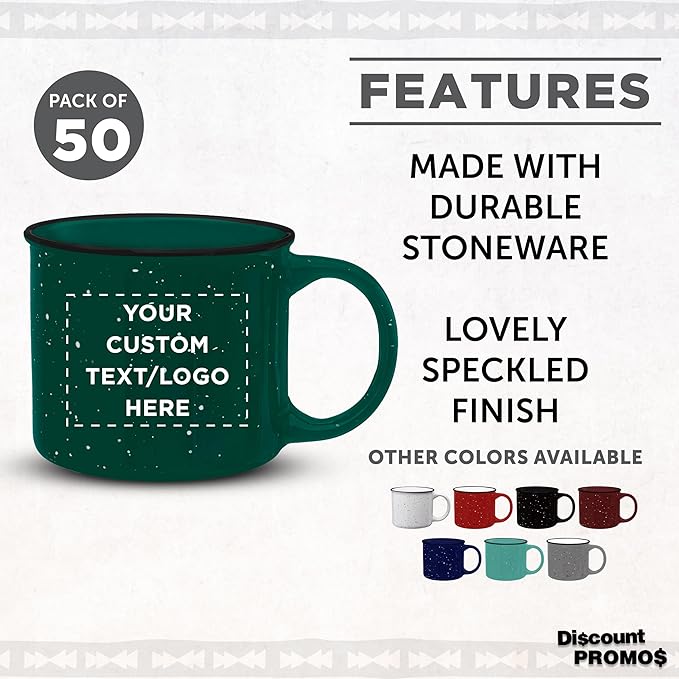 DISCOUNT PROMOS Custom Ceramic Campfire Coffee Mugs 13 oz. Set of 50, Personalized Bulk Pack - Perfect for Tea, Espresso, Cappuccino, Hot Cocoa - Green