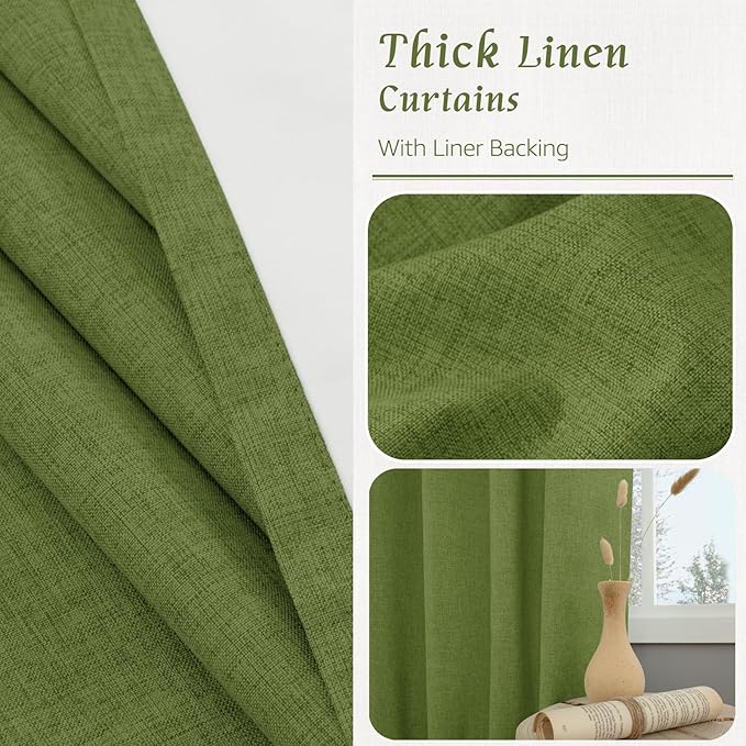 LAMIT Full Blackout Linen Curtains for Bedroom, 54 Inches Thermal Window Drapes Back Tab and Rod Pocket Privacy Protected Burlap Panels with White Liner, 2 Panels, 38 x 54 Inch, Olive Green
