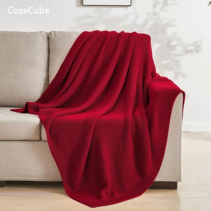 CozeCube Christmas Red Throw Blanket for Couch, Soft Cozy Cable Knit Throw for Bed Sofa Living Room, Lightweight Warm Decorative Farmhouse Christmas Blanket, 60"x80", Red