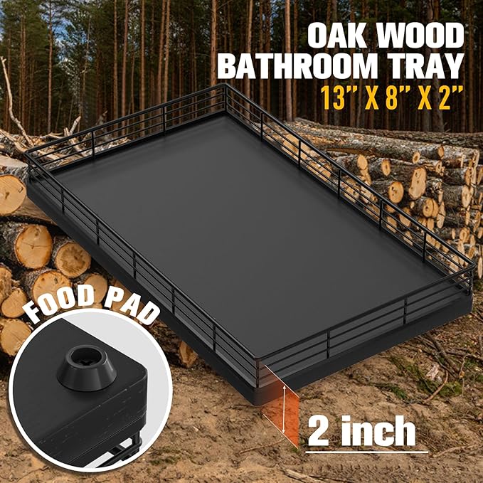 Large Bathroom Vanity Tray – 13" x 8" Oak Decorative Wooden Tray for Bathroom Countertop & Vanity Organizer, Rectangular Wood Tray for Perfume, Skincare, Storage, Vanity Dresser Counter Decor, Black