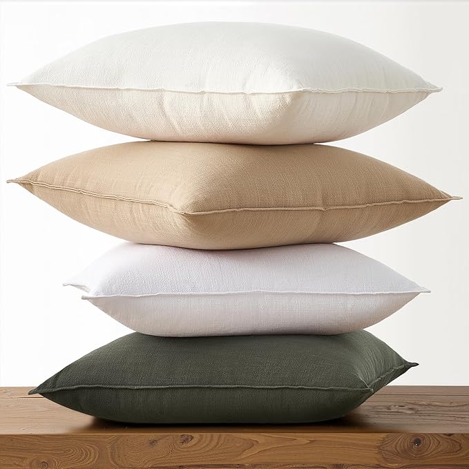 Soft Linen Solid Lumbar Pillow Covers Pack of 4 Farmhouse Neutral Olive Pillow Covers Home Decor for Couch Rustic with Flange Edge Green Cushion Cases for Bed Balcony Home Decor 12x20 Inch