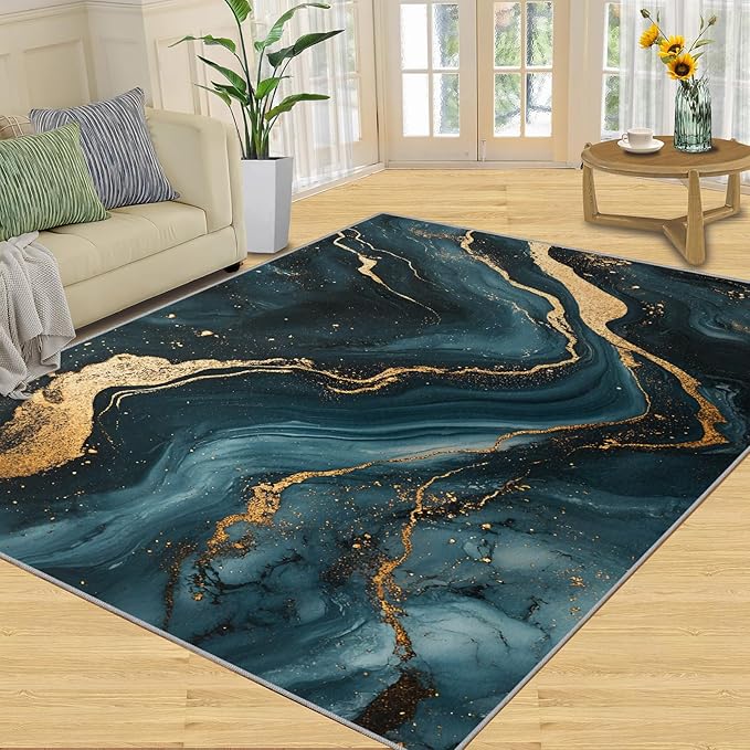 Marble Washable Area Rugs 5x7 Non-Slip Fluid Art Living Room Rug Gold Lines Soft for Carpet Low Pile Indoor Door Mat & Room Decor