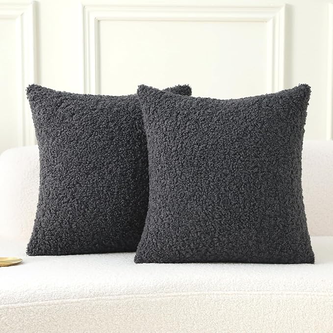 FUTEI Charcoal Throw Pillow Covers 18x18 Inch Set of 2,Furry Faux Fur Teddy Boucle Textured Cushion Covers,Soft Fluffy Decorative Pillow Case,Home Decor for Couch Bed Living Room Office Car