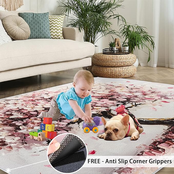 Graffiti Tree Washable Rugs 3x4 Rug for Living Room, Pink Petals 3x4 Rug Oil Painting Art Low-Pile Carpet for Bedroom Dining Non Slip Mat with Rubber Back