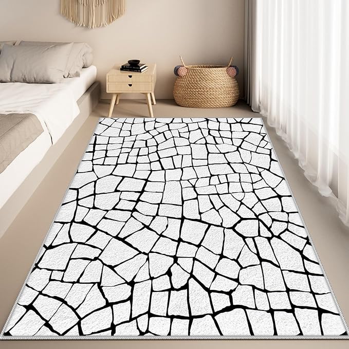 Black and White Area Rug, Abstract Rug, Contemporary Minimalist Rugs, Geometric Cracks Area Rugs, Modern Geometric Carpet for Living Room, Washable Non Slip Home Decor Mat 3x5