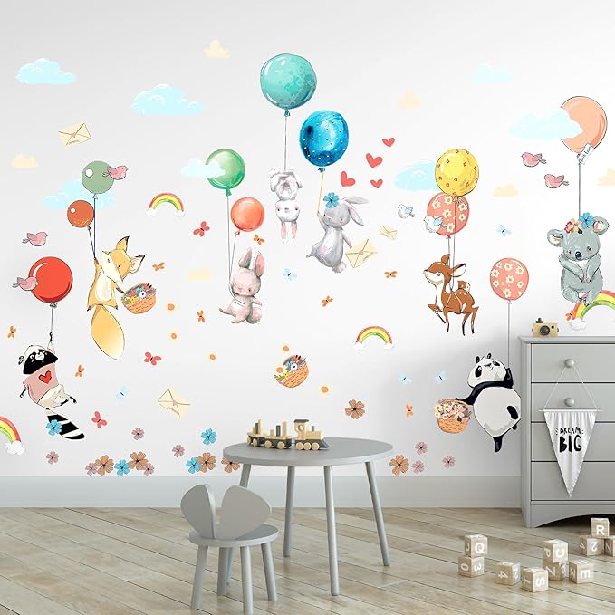 Hot Air Balloon Wall Decals by Lipastick - Peel and Stick Animal Stickers Raccoon, Fox, Koala, Panda for Kids Room, Nursery, Playroom, Bedroom - Playroom Wall Decals for Boys, Girls, Babies - M Size