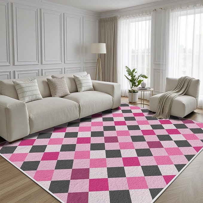 Diamond Checkered Rug 6x9, Soft Ultra Soft Faux Wool Abstract Geometric Rugs, Indoor Floor Mats Carpet, Non Slip&Non-Shedding Low Pile Washable Rugs, Modern Red Rug for Bedroom