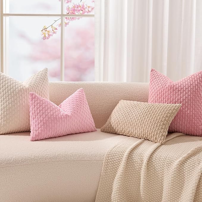 Kevin Textile Valentines Day Decorative Pillow Covers Set of 2 Striped Plush Corduroy Pillows Pillowcases Boho Home Decor Cushion Covers for Couch Sofa Bed Living Room 20x20 Inch, Pink
