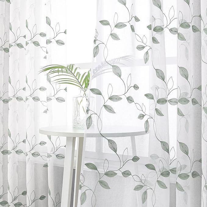 Tollpiz Sage Green Leaf Sheer Curtain Leaves Embroidered Living Room Curtains Rod Pocket Voile Window Treatment for Bedroom, 54 x 72 inches Long, Set of 2 Panels