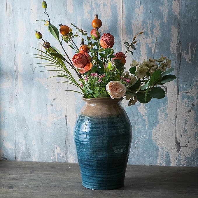 Blue Floor Vase, Ceramic Glazed Large Vase for Modern Farmhouse Home Decor, Rustic Terracotta Pottery, Vintage Clay Vase for Living Room Entryway Centerpiece