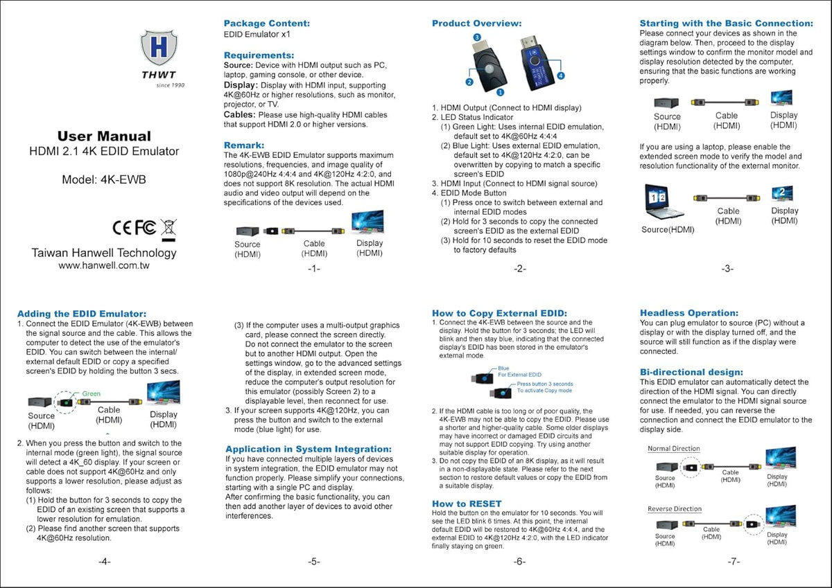 THWT 2.1 4K 4K-EWB), Pre-Set 4K@60Hz 4:4:4 4K@120Hz 4:2:0 2.1 HDMI EDID Emulator (Model: Supports SCDC and EDID Copying