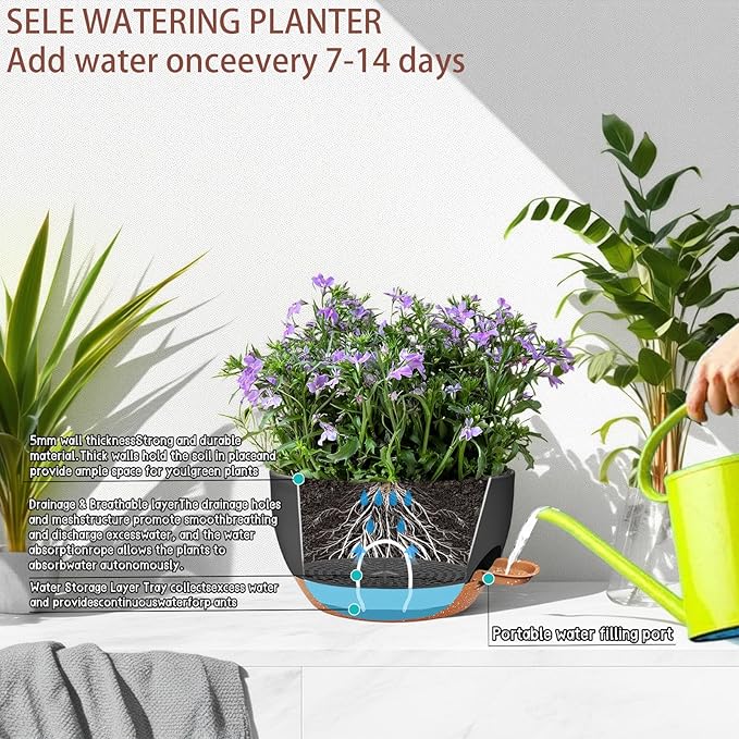2 Pack 12 Inch Large Hanging Planters with Chains Self Watering Black Brown Plastic Hanging Pots for Indoor Outdoor Plants, Garden Porch Home Decor，Black Brown