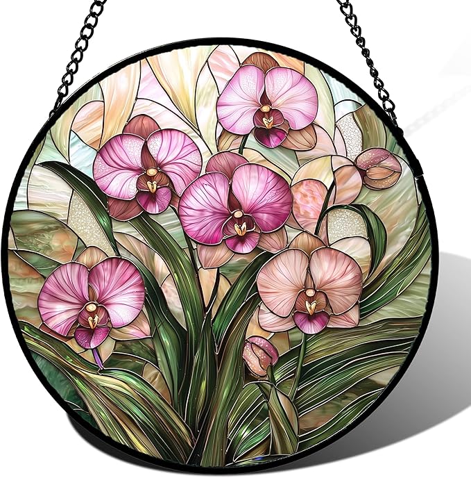 Stained Glass Window Hanging - Pink Phalaenopsis Orchid Green Leaves Sun Catcher for Door Home Decor Flower Suncatcher Christmas Mother's Day Birthday Gifts for Women Men Mom Nana 6.3 in