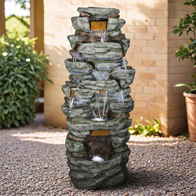 SunJet 79" High Multi-Tiers Cascading Rock Outdoor Water Fountain with LED Lights - Large Outdoor Fountains and Waterfalls for Garden or Patio, Yard, and Deck Decor, Featuring Natural Stone Look
