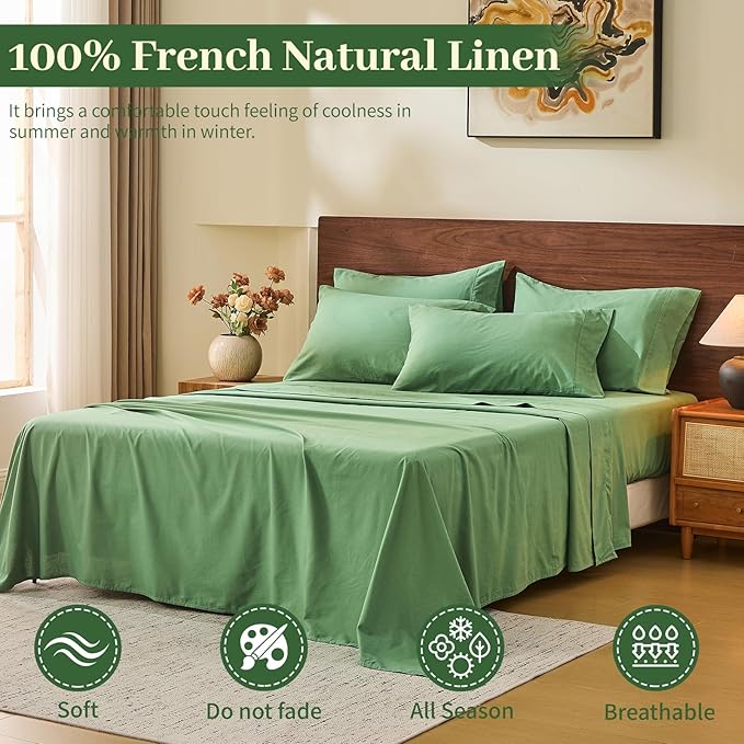 MEISHANG 100% French Pure Linen Sheets King Size - Bed Sheets 4 Piece Sets, Soft Durable Flax Linen, Anti-Tear Breathable Oeko-Tex Certified with 16" Deep Pocket (Sage Green)