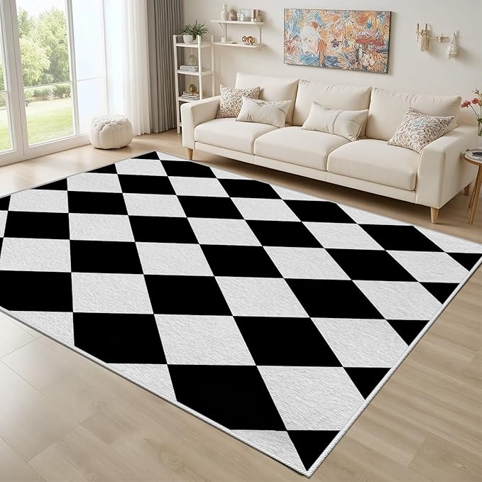 Checkered Rug, Black White Rug, Washable Rugs 5x8, Geometric Rhombus Plaid Area Rugs, Grid Gingham Carpet for Living Room Non Slip Home Decor