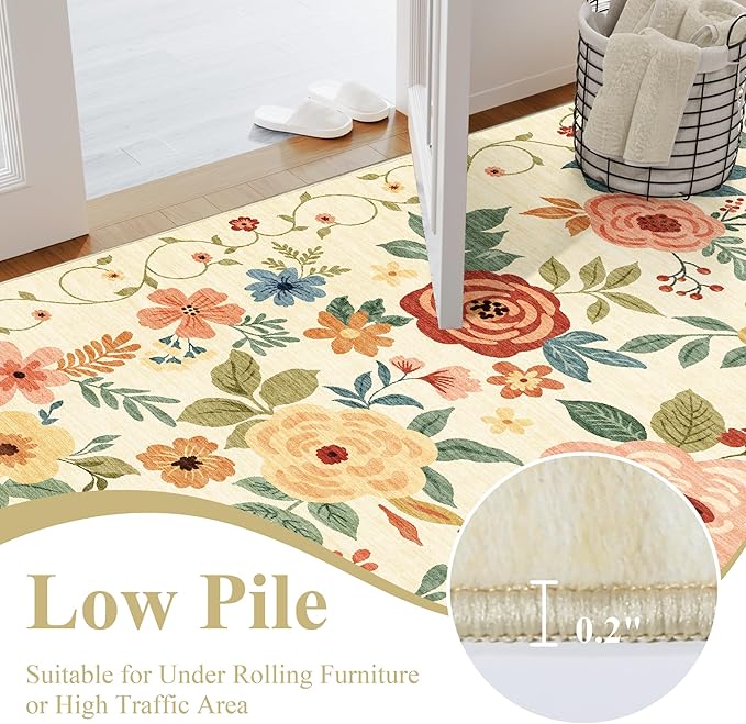DUKINO Runner Rug, 2.6x8 Kitchen Rug for Hallway with Non Slip Backing, Washable Low Pile Soft Boho Floral Runner Carpet for Hallway, Kitchen, Entryway, Laundry, Bedroom, Beige Yellow