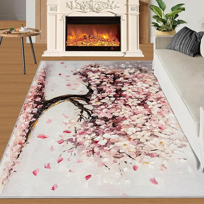Graffiti Tree Washable Rugs 6x9 Rug for Living Room, Pink Petals 6x9 Rug Oil Painting Art Low-Pile Carpet for Bedroom Dining Non Slip Mat with Rubber Back