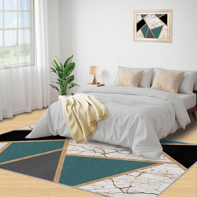 Emerald Green Marble Rug Modern Geometric Marble Area Rugs Light Luxury Geometric Striped Carpet Vintage Stone Crack Rug for Bedroom Living Room 2x3ft