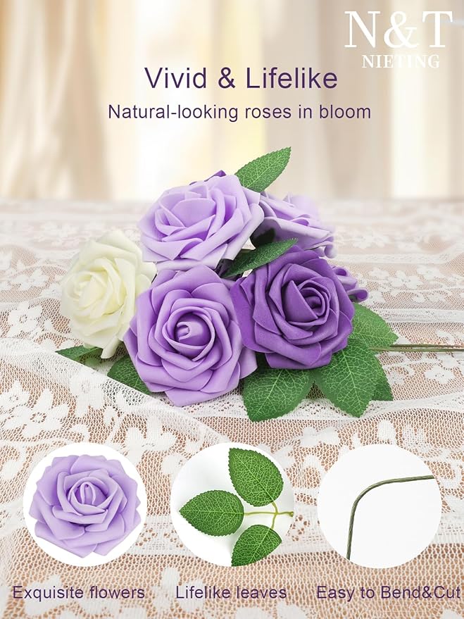 N&T NIETING Artificial Flowers, 25pcs Fake Flowers Rose with Stems Perfect for DIY Wedding Bridesmaid Bridal Bouquets Centerpieces Home Flower Arrangement Decoration, Series Purple
