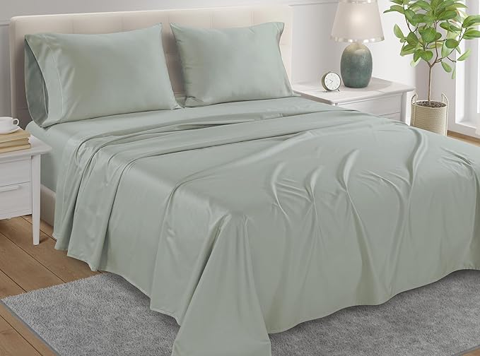 Deep Pocket Queen Sheets Set, Egyptian Cotton Sheets Queen Size Bed Set with Elasticated Fitted Sheet & Pillowcase Sets, Soft & Comfy 800 TC Sateen, No Pill & Shrink Luxury Bedding, Sage Green Sheet